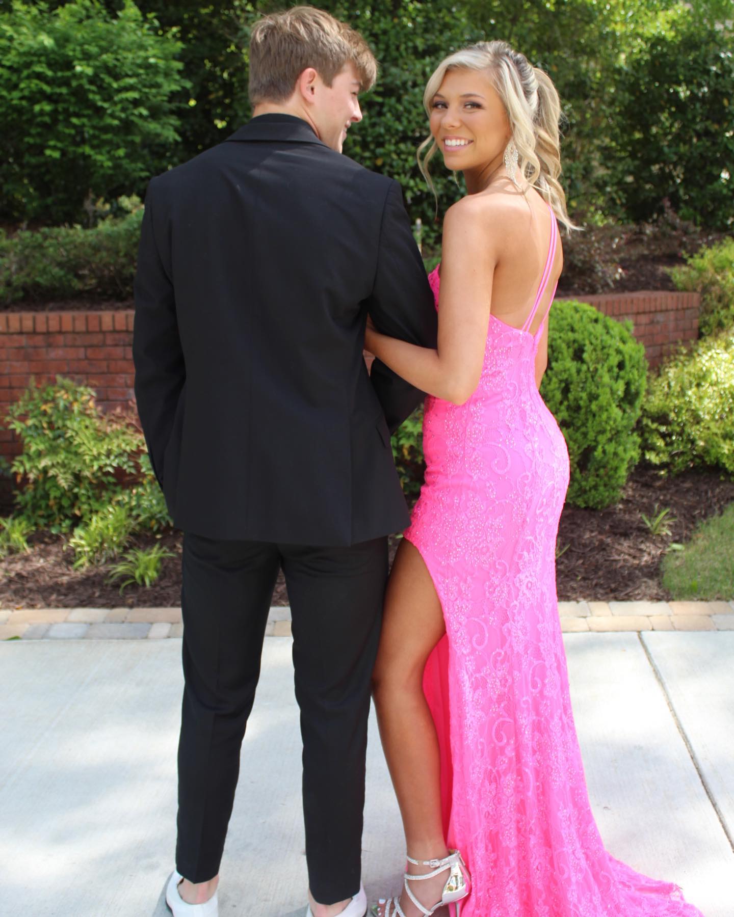 Gorgeous One Shoulder Hot Pink Lace Long Prom Dress,DS3091