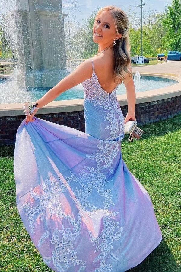 Purple spaghetti straps mermaid long prom dress applique open back evening gown,EQ9655