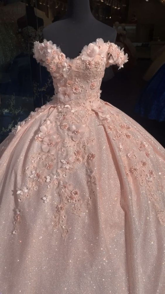 tulle princess off shoulder long formal prom dress, long strapless pink flower appliqués evening dress,DS4569