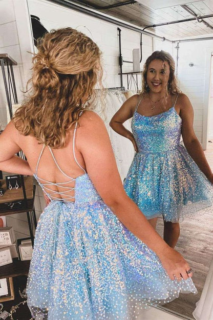 Sparkle Blue A-line Sequins Short Homecoming Dress,DS3435
