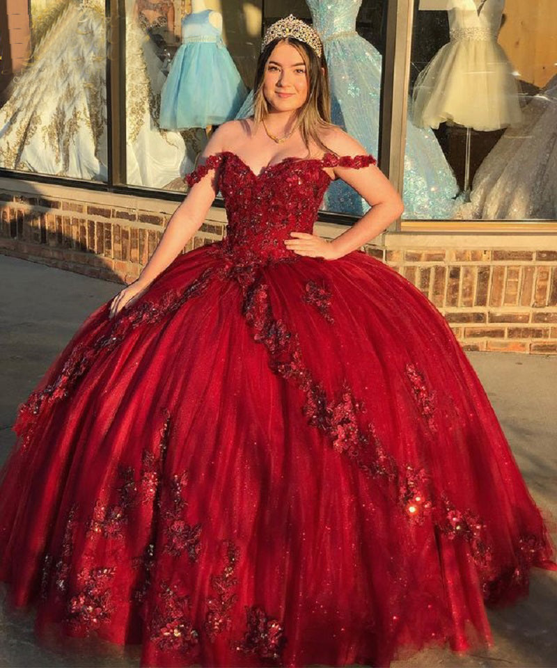 Spark Princess Quinceanera Dress Appliques Flowers Corset Back Ball Gown Party Sweet 16 Prom Gowns,DS4395