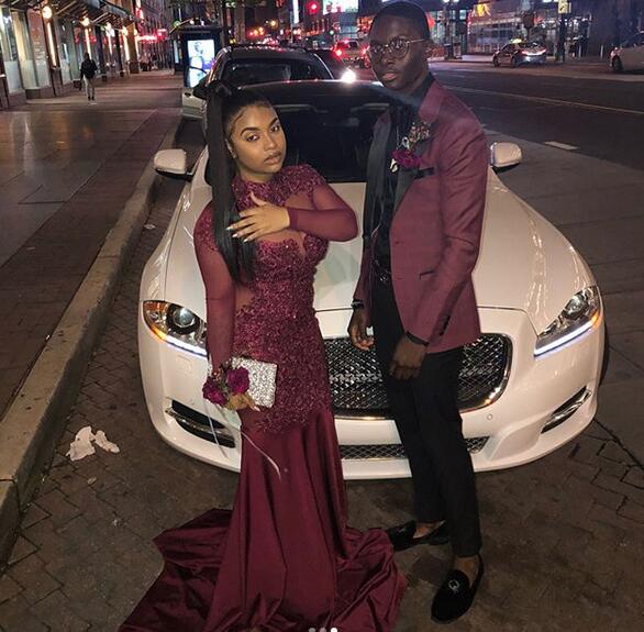 Burgundy Wine Red Satin Prom Dresses Long Sleeve Lace Appliques Plus Size Evening Formal Gowns,DS4976