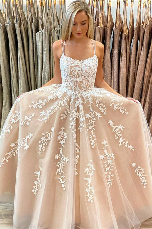 Stylish champagne applique double straps prom dress,lace tulle evening party gown,DS4469