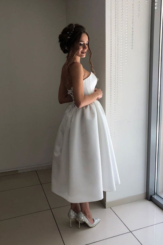 Simple Satin Summer Wedding Gown Sweetheart Beach Bridal Dresses Knee Length Prom Dresses,DS4264