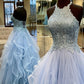 Elegant A-Line Halter Appliques Light Blue Prom Dress,DS4262