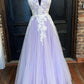 Lavender Tulle Applique Spaghetti Straps Long Dress Tulle Prom Dress,DS4304