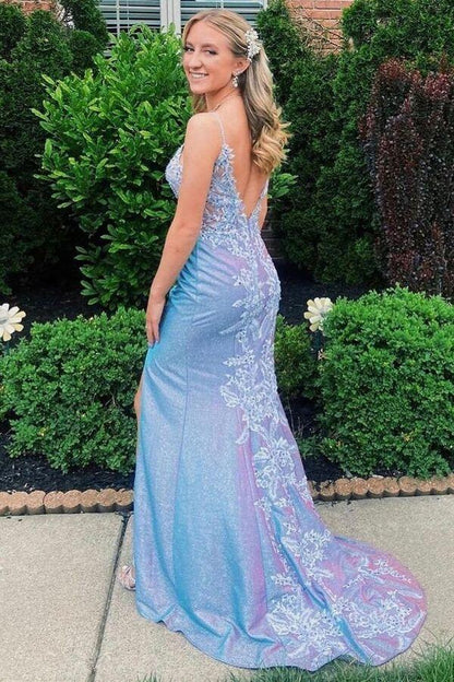 Purple spaghetti straps mermaid long prom dress applique open back evening gown,EQ9655
