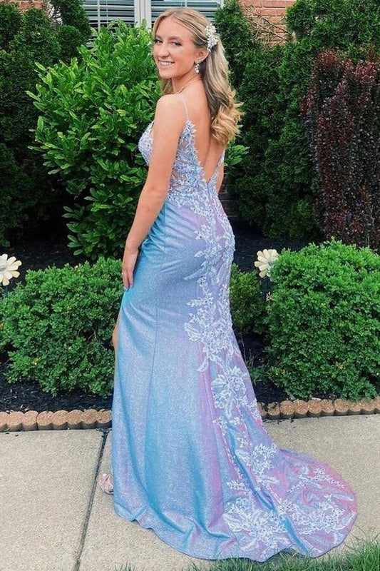 Purple spaghetti straps mermaid long prom dress applique open back evening gown,EQ9655