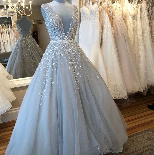 Light Grey Prom Dresses,Backless Prom Dress,Tulle Evening Dresses,DS4483