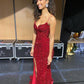 Glitter Red Mermaid Evening Dresses Long,Side Slit Back Open Gala Dress,Celebrity Dress,DS4695