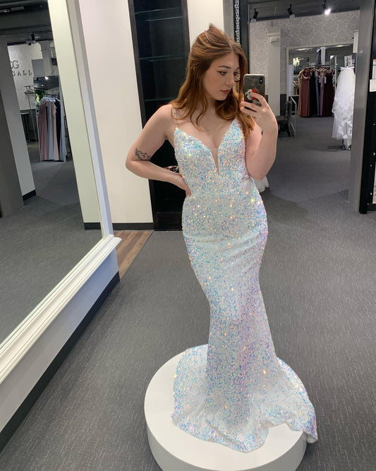 Mermaid White Sequins V Neck Long Prom Dress,DS3098