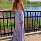 Purple spaghetti straps mermaid long prom dress applique open back evening gown,EQ9655
