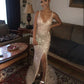 Sexy V Neck Sequins Side Slit Rose Gold Prom Dresses Long Mermaid Formal Dress,DS4427