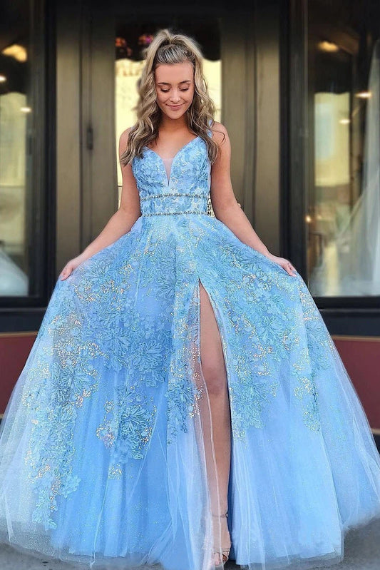 Elegant A Line Lace Appliques Blue V Neck Prom Dresses, Long Evening Dresses,DS4478