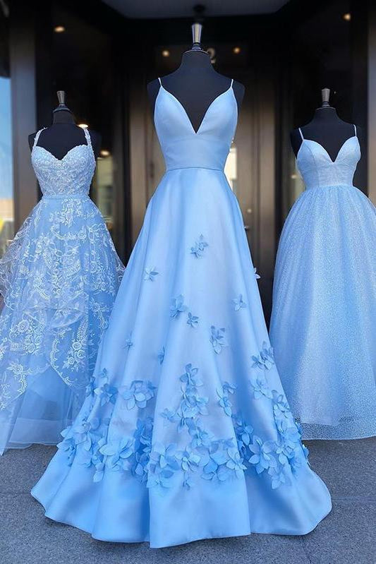 Charming Blue Spaghetti Straps V Neck Flowers Long Prom Dresses Satin Unique Formal Dresses,DS4446