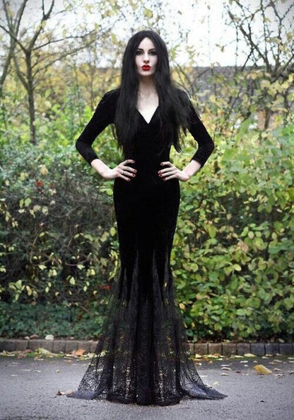 witch prom dress Custom black Vampire zombie mermaid style tulle prom dress Halloween with gloves bouquet and mourning veil S-XL Glamtastik