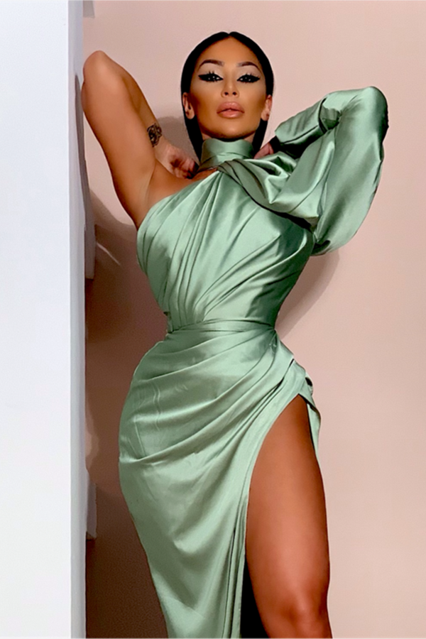 ELEGANT PUFFY LONG SLEEVES PROM DRESS HIGH NECK PARTY DRESS WITH SPLIT,DS3527