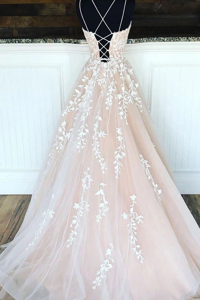 Unique Spaghetti Straps A Line Lace Appliques Tulle Lace up Pink Prom Dresses,DS4046