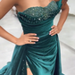 Dark Green Sequins Sleeveless Sweetheart Floor-length Split Front A-line Prom Dresses,F04783