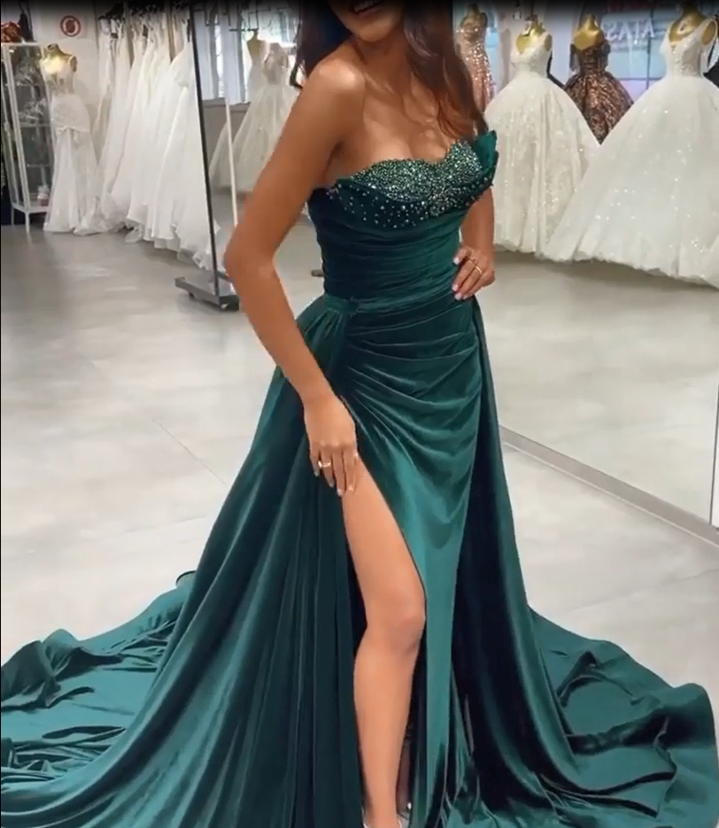 Dark Green Sequins Sleeveless Sweetheart Floor-length Split Front A-line Prom Dresses,F04783