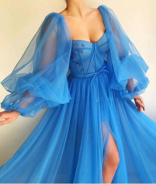 Long Puffy Sleeve Tulle Backless Prom Dress,CD3174