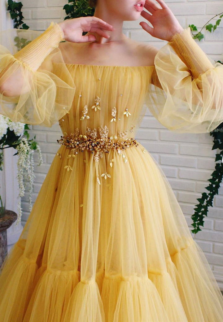 Yellow tulle long prom dress evening dress,DS4339