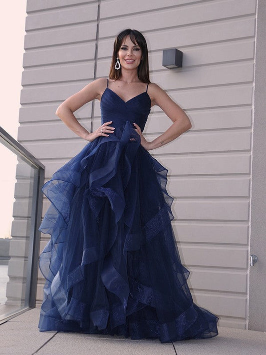 A-Line/Elegant Tulle Layers V-neck Sleeveless Floor-Length Prom Dresses,DS4538