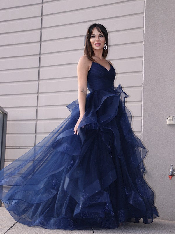 A-Line/Elegant Tulle Layers V-neck Sleeveless Floor-Length Prom Dresses,DS4538