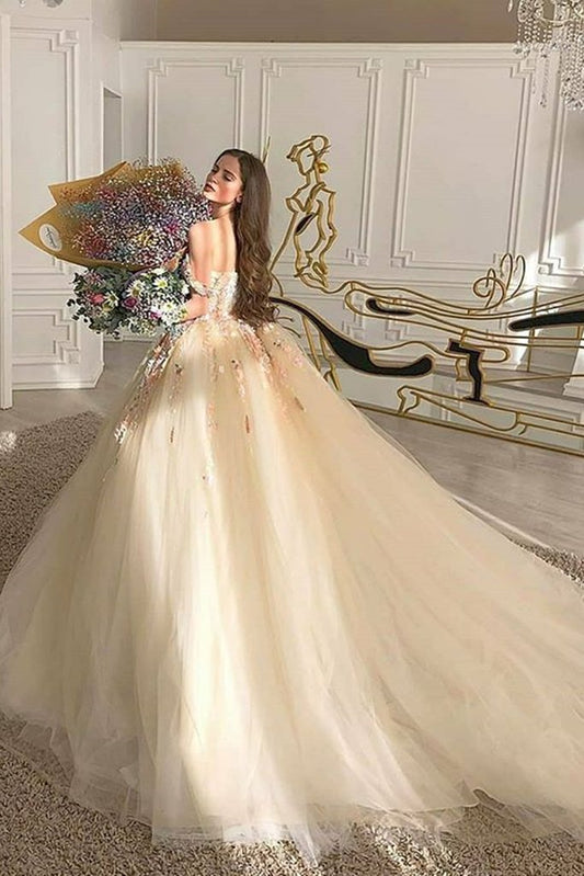 Gorgeous Off Shoulder Champagne Lace Floral Prom Dress, Long 3D Flower Champagne Formal Evening Dress,DS4498