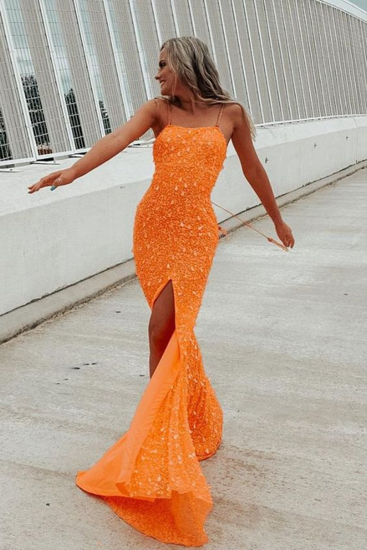 sparkle mermaid orange sequins long prom dress with slit,DS4148