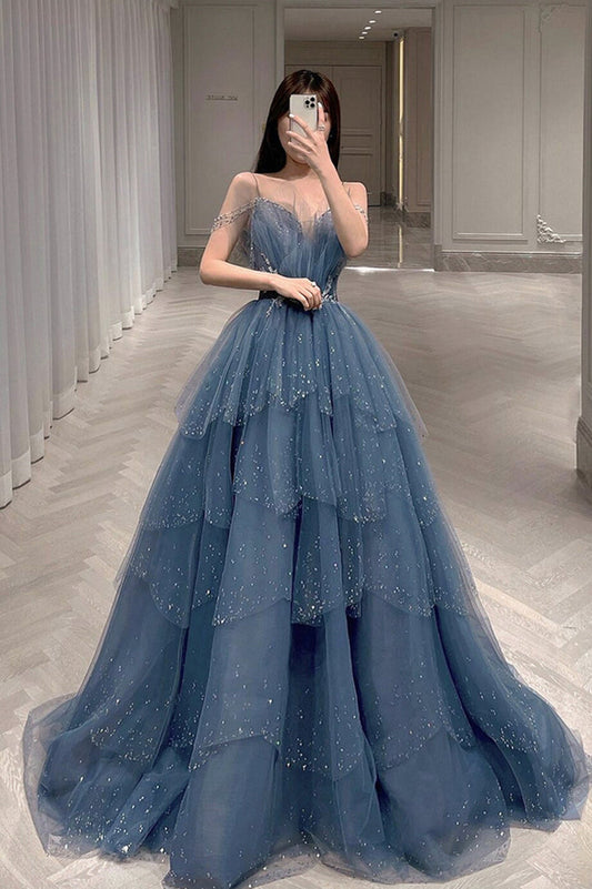 Blaues Tüll Pailletten langes Ballkleid Abendkleid langes Ballkleid, DS4513