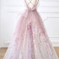 Robe de soirée longue en tulle rose avec perles, DS4512