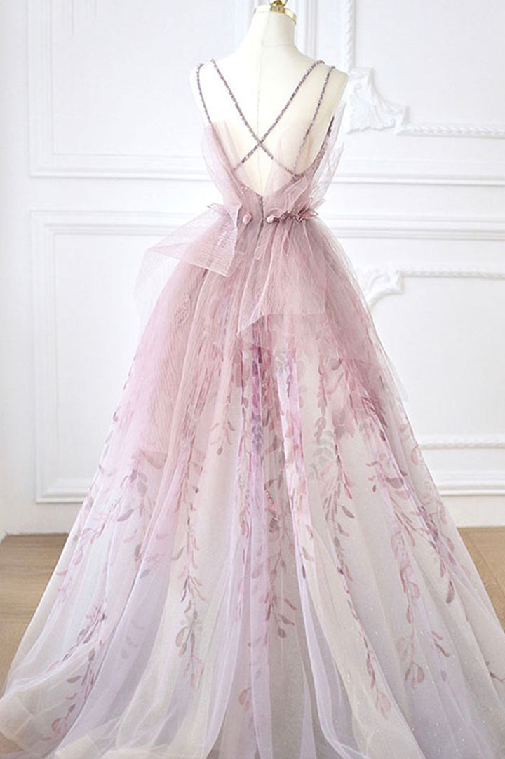 Robe de soirée longue en tulle rose avec perles, DS4512