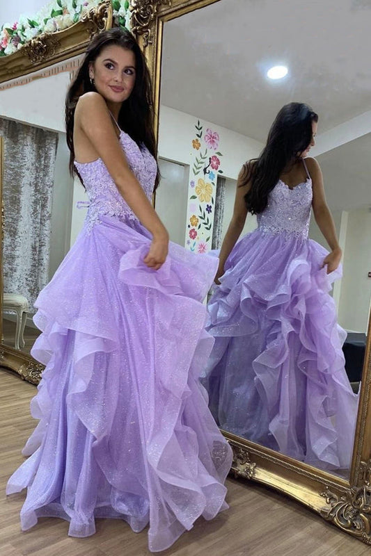 Lila Tüll Spitze langes Ballkleid A-Linie Abendkleid, DS4511