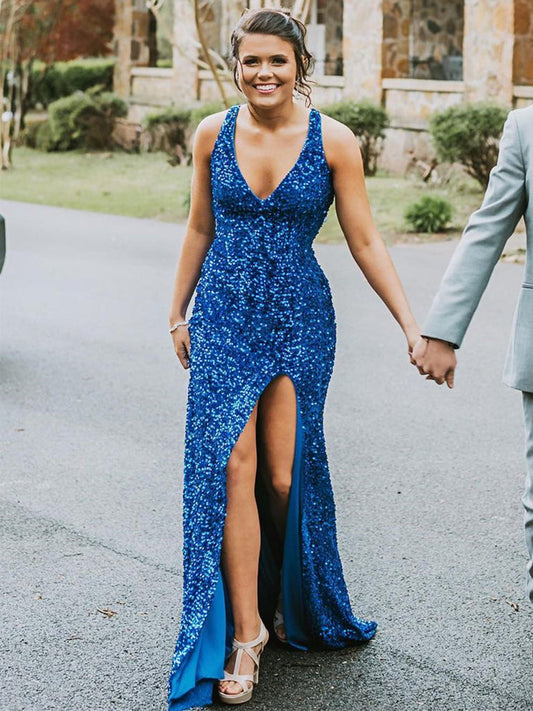 Mermaid V Neck Open Back Blue Sequins Long Prom Dresses,DS4509