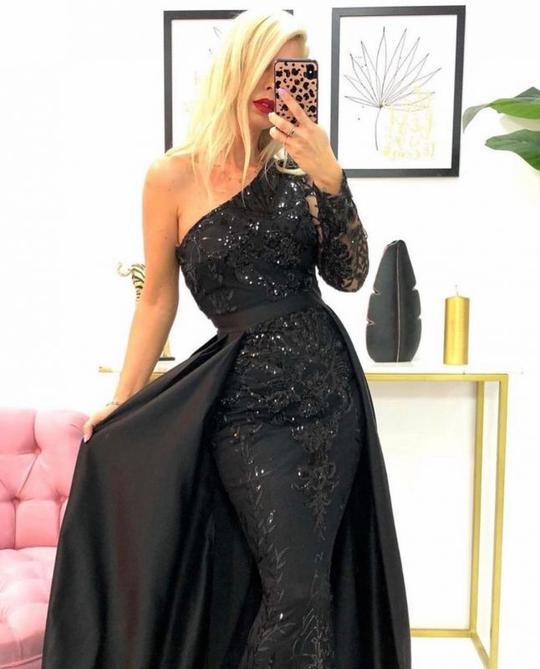 One-Shoulder Mermaid Lace Prom Dress with Beadings,DS4590