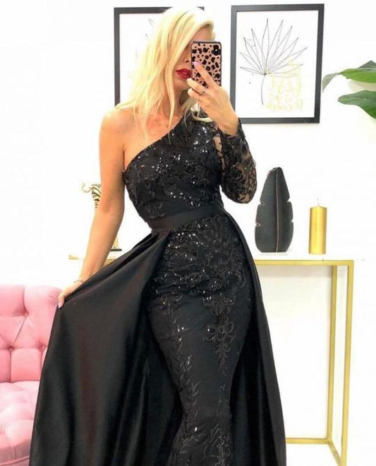 One-Shoulder Mermaid Lace Prom Dress with Beadings,DS4590