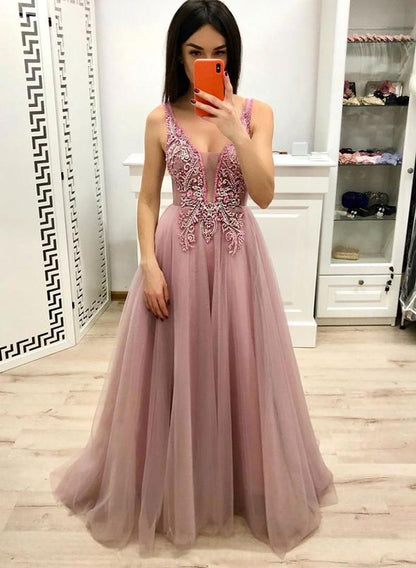 Pink v neck tulle long prom dress pink evening dress,DS3221