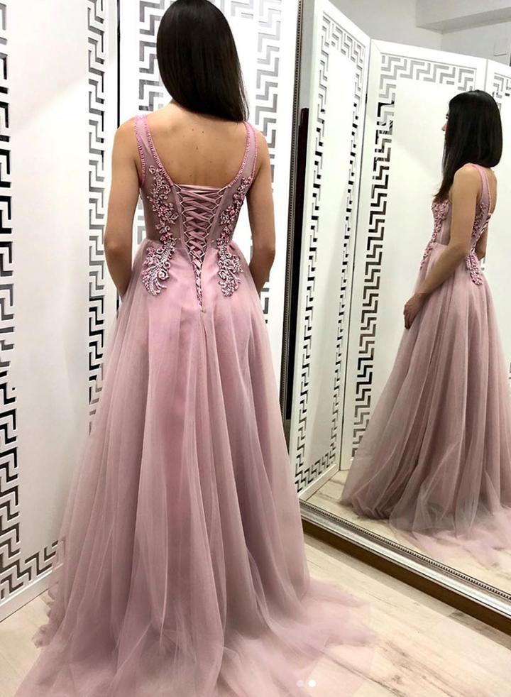 Pink v neck tulle long prom dress pink evening dress,DS3221