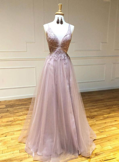 Pink v neck tulle lace long prom dress evening dress,DS3223