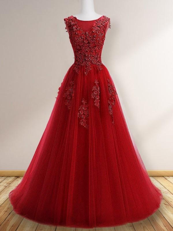 PRINCESS SCOOP DARK RED FLOOR-LENGTH APPLIQUE TULLE PROM DRESSES,DS2986