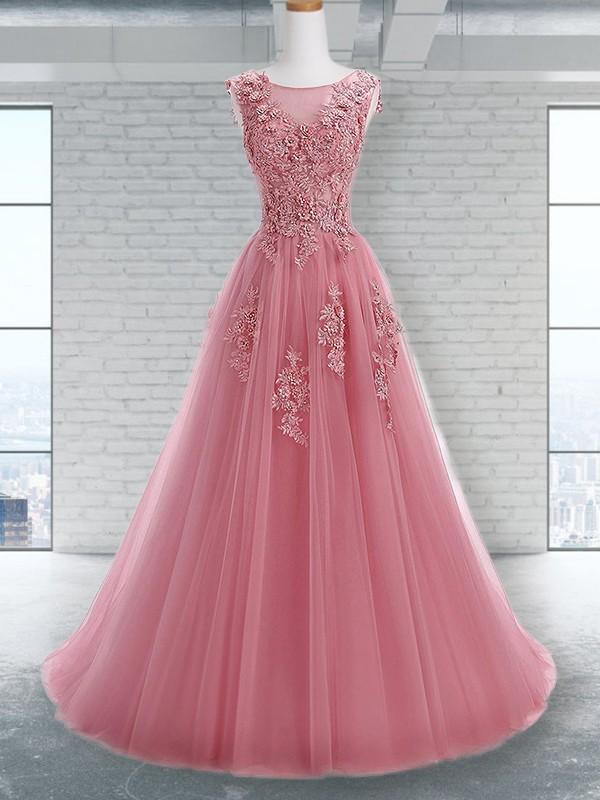 PRINCESS SCOOP DARK RED FLOOR-LENGTH APPLIQUE TULLE PROM DRESSES,DS2986