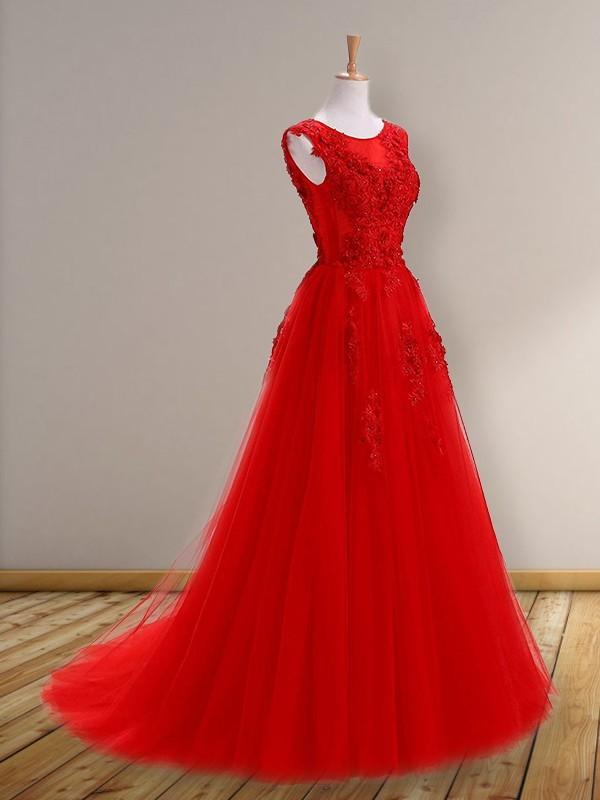 PRINCESS SCOOP DARK RED FLOOR-LENGTH APPLIQUE TULLE PROM DRESSES,DS2986