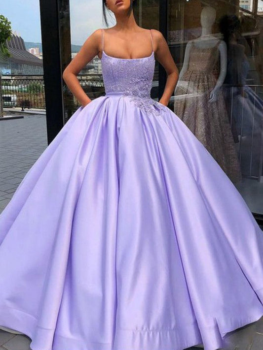 Ball Gown Satin Applique Spaghetti Straps Sleeveless Floor-Length Prom Dresses,DS4455