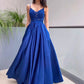 A-Line/Elegant Applique Spaghetti Straps Satin Sleeveless Floor-Length Prom Dresses,DS4631