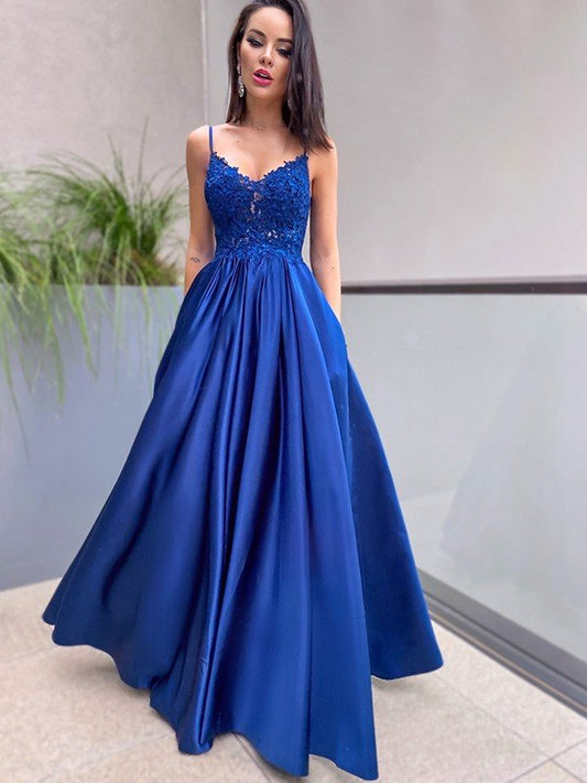 A-Line/Elegant Applique Spaghetti Straps Satin Sleeveless Floor-Length Prom Dresses,DS4631