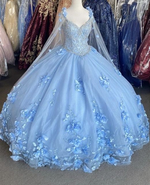 Blue flowers tulle ball gown , chic prom dress,DS4384