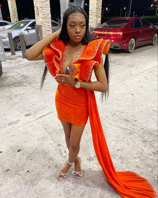 Orange Velvet Short Prom Dress Beaded Ruffle Sleeve Real Picture African Dark Skin Girl Party Dress,DS5006