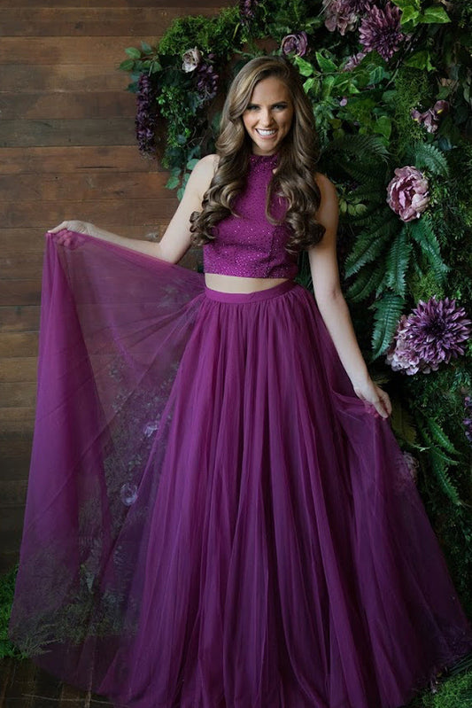 High Neck Prom Dresses,Two Piece Prom Dress,Purple Prom Gown,Long Prom Dress,DS4267