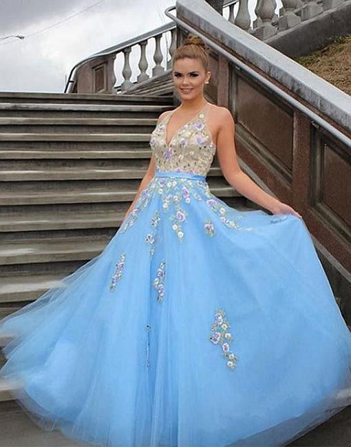 Light Blue Prom Dresses,Tulle Prom Gown,Applique Prom Dress,Formal Evening Dress,Formal Women Dress,DS4266